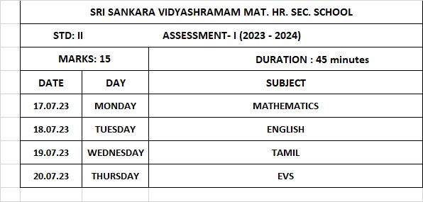 STD II ASSESSMENT TIME TABLE