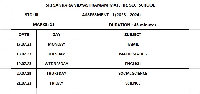 STD III ASSESSMENT TIME TABLE