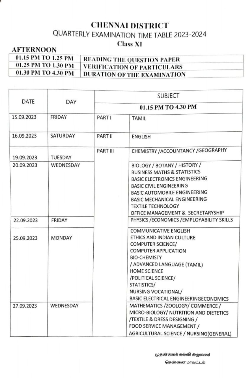 STD XI QUARTERLY EXAMINATION TIME TABLE 2023 - SSVTR