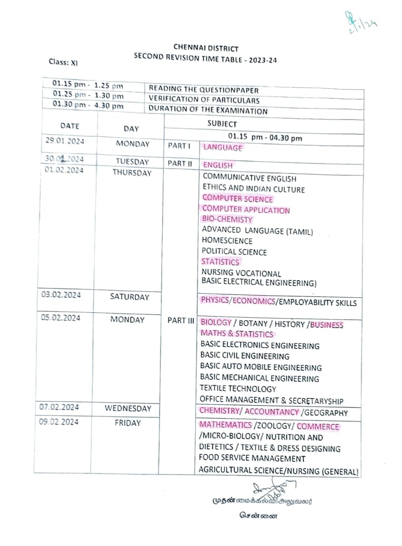 Std Xi - Second Revision Time Table - 2023 -24 - Ssvtr