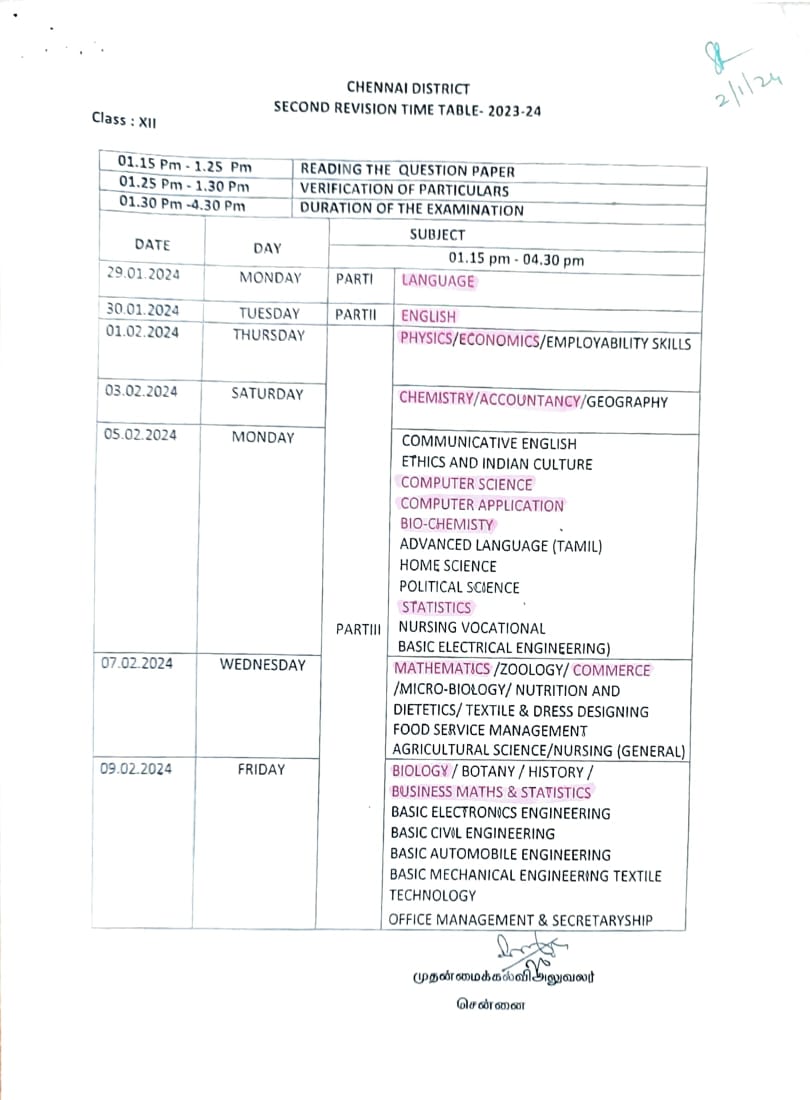 STD XII SECOND REVISION TIME TABLE - 2023 -24 - SSVTR